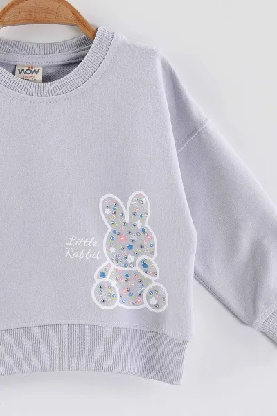 Lila (1-4 Yaş)Tavşan Baskılı  Taşlı Kız Çocuk Sweatshirt 432954