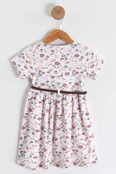 Lila (1-5 Yaş) Çiçek Desenli Kemerli Yarım Düğmeli Kız Çocuk Elbise 439139