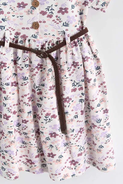 Lila (1-5 Yaş) Çiçek Desenli Kemerli Yarım Düğmeli Kız Çocuk Elbise 439139