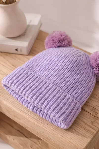 Lila (1-5 Yaş) Ponponlu Kız  Çocuk Atkı Bere Takım 475066