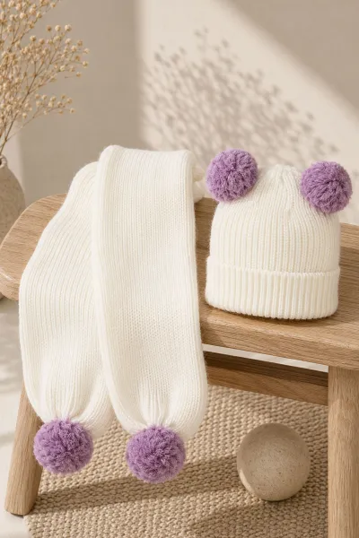 Lila (1-5 Yaş) Ponponlu Kız  Çocuk Atkı Bere Takım 475085