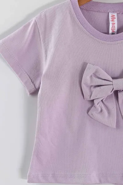 Lila (1-5 Yaş) Taş Baskılı Fiyonklu ve Şortlu Penye Kız Çocuk Yazlık Takım 454792