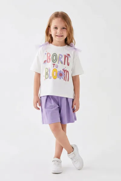 Lila (1-9 Yaş) Born Bloom Baskılı Tülli Fiyonklu Tişörtlü Şortlu Kız Çocuk 2'li Takım 461992