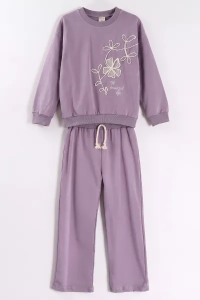 Lila (1-9 Yaş) Çiçek Nakışlı Bol Paça 2 İp Kız Çocuk Mevsimlik Takım 487326