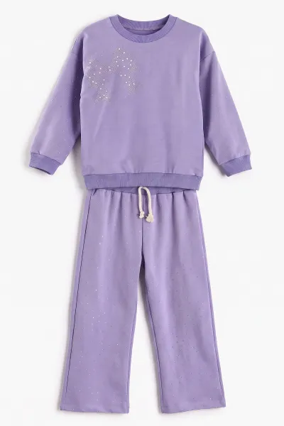 Lila (1-9 Yaş) Fiyonklu Taş Baskılı  Bol Paça 2 İp Kız Çocuk Mevsimlik Takım 487346