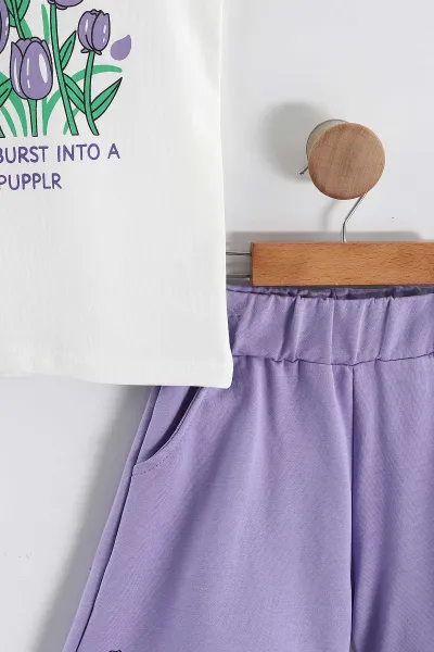 Lila (1-9 Yaş) Flower Baskılı Koldan Fırfırlı Tişörtlü ve Cepli Şortlu Süprem Kız Çocuk Yazlık Takım 456420