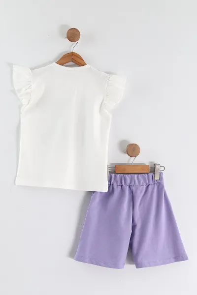Lila (1-9 Yaş) Flower Baskılı Koldan Fırfırlı Tişörtlü ve Cepli Şortlu Süprem Kız Çocuk Yazlık Takım 456420