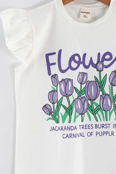 Lila (1-9 Yaş) Flower Baskılı Koldan Fırfırlı Tişörtlü ve Cepli Şortlu Süprem Kız Çocuk Yazlık Takım 456420