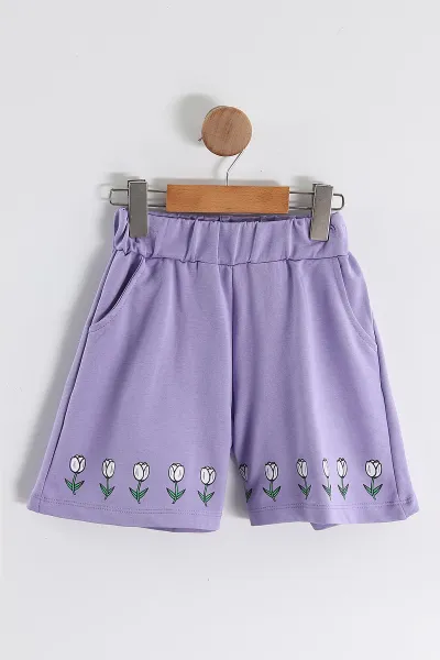 Lila (1-9 Yaş) Flower Baskılı Koldan Fırfırlı Tişörtlü ve Cepli Şortlu Süprem Kız Çocuk Yazlık Takım 456420