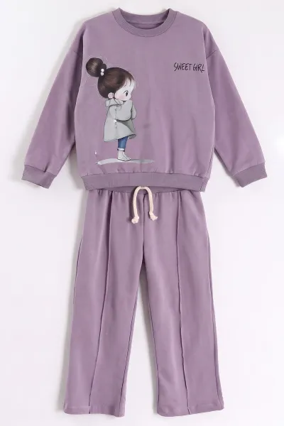 Lila (1-9 Yaş)    Kız Baskılı  Bol Paça 2 İp Kız Çocuk Mevsimlik Takım 487365