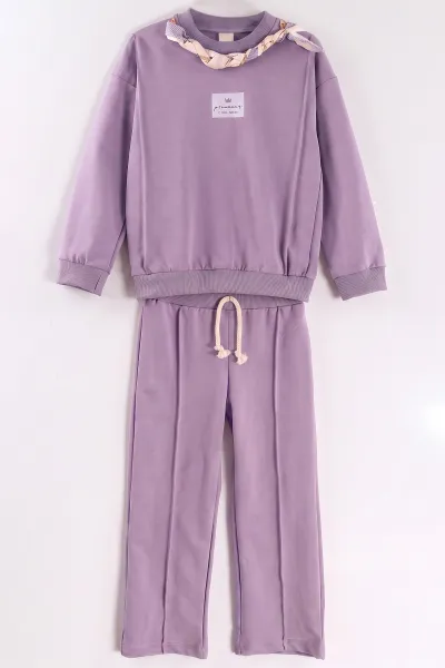 Lila (1-9 Yaş)Yakadan Fularlı  Baskılı  Bol Paça 2 İp Kız Çocuk Mevsimlik Takım 487371