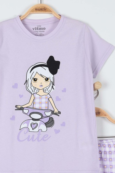 Lila (10-12 Yaş) Kalp Motor Baskılı KIz Çocuk Pijama Takımı 182053