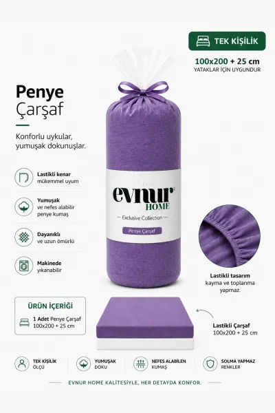 Lila 100x200+25 Cm  Evnur Home Penye Tek Kişilik Fitted (Lastikli) Çarşaf 467376