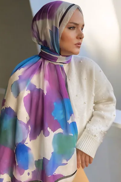 Lila 180X70 cm Dijital Baskı Watercolor Desenli Pamuk Şal 331641