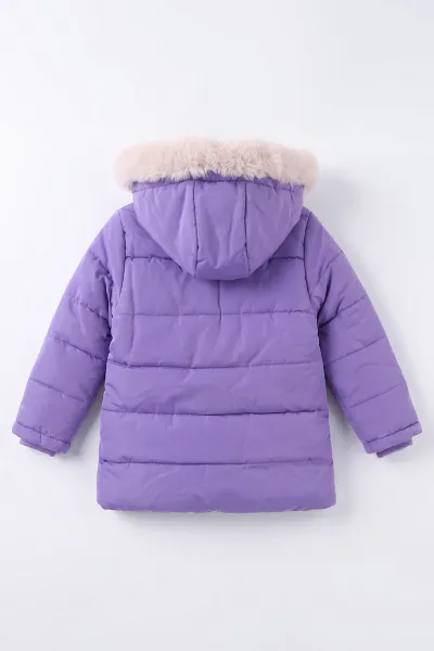 Lila (2-5 Yaş)  Cep Üstü Ponponlu İçi Kürklü Kapüşonlu Kız Çocuk Şişme Mont 496629