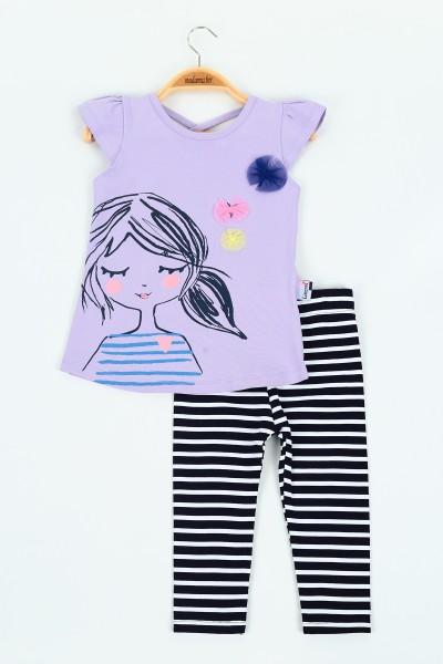 Lila (2-5 yaş) Çizgili Baskılı Kız Çocuk Takım 115483