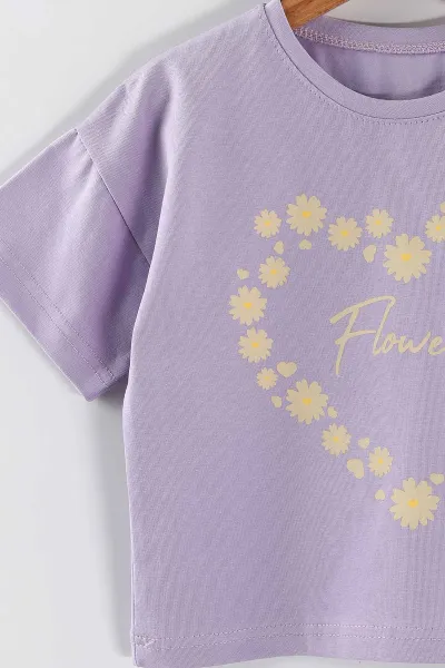 Lila (2-5 Yaş) Flowers Baskılı Süprem Tişörtlü Gabardin Şortlu Kız Çocuk Yazlık Takım 445570
