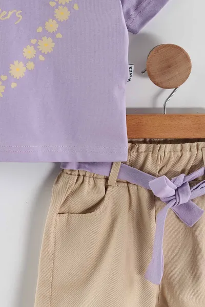 Lila (2-5 Yaş) Flowers Baskılı Süprem Tişörtlü Gabardin Şortlu Kız Çocuk Yazlık Takım 445570