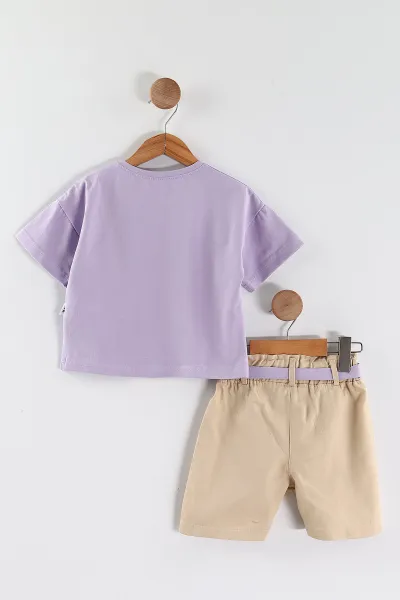 Lila (2-5 Yaş) Flowers Baskılı Süprem Tişörtlü Gabardin Şortlu Kız Çocuk Yazlık Takım 445570