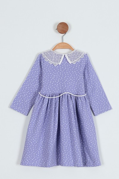 Lila (2-5 Yaş) Puantiyeli Düğmeli Dantelli Yaka Detaylı Kız Çocuk Elbise 203113