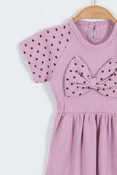 Lila (2-6 Yaş)Puantiyeli Büyük Fiyonklu Fitilli  Kız Çocuk Elbise 357496
