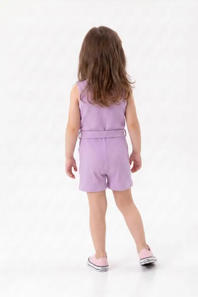 Lila (2-7 Yaş)Düğmeli Kemerli Cepli Kısa Kız Çocuk Salopet 354498
