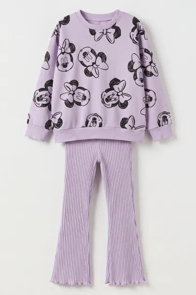 Lila (2-8 Yaş) Karakter Baskılı 2 İp Sweatli Fitilli Taytlı Kız Çocuk 2'li Takım 500383