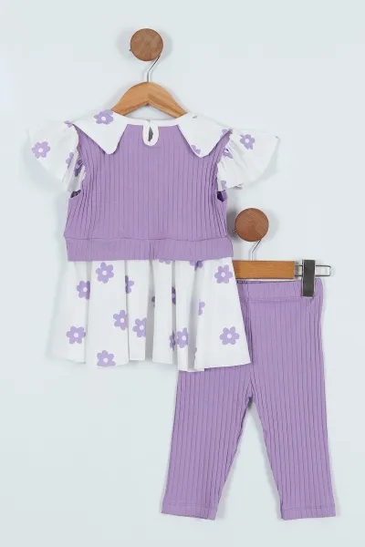 Lila (2-8 Yaş) Omuz Fırfırlı Çiçek Yakalı Taytlı Kız Çocuk Elbise 262935