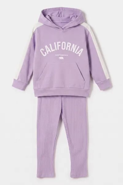 Lila (3-10 Yaş)California Baskılı Kanguru Cepli Kapüşonlu Taytlı Kız Çocuk Takım 486369