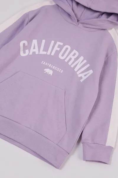Lila (3-10 Yaş)California Baskılı Kanguru Cepli Kapüşonlu Taytlı Kız Çocuk Takım 486369