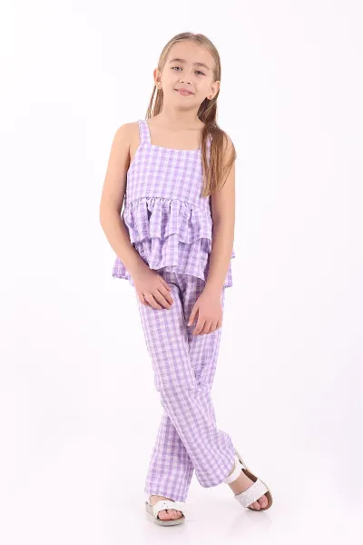 Lila (3-10 Yaş)Pötikare Desen Yarım Düğmeli Katlı Keten Kız Çocuk Yazlık Takım 344627
