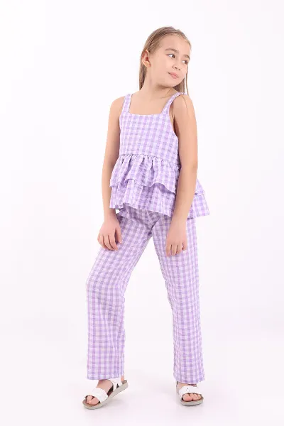 Lila (3-10 Yaş)Pötikare Desen Yarım Düğmeli Katlı Keten Kız Çocuk Yazlık Takım 344627