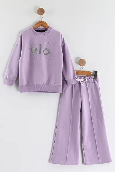 Lila (3-10 Yaş)Taş Baskılı Çimalı Bol Paça İki İp Kız Çocuk Takım 439755