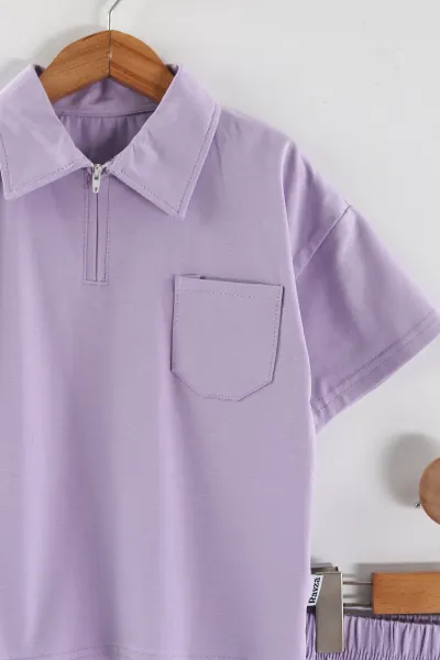 Lila (3-10 Yaş)Yarım Fermuar Yakalı Cep Detaylı Çimalı Şortlu Kız Çocuk Takım 447124