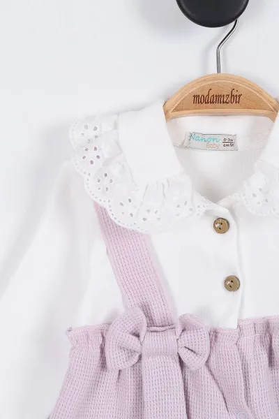 Lila (3-12 Ay) Güpür Yaka Detaylı Fiyonklu Patikli Şapkalı Kız Bebek Tulum 304146
