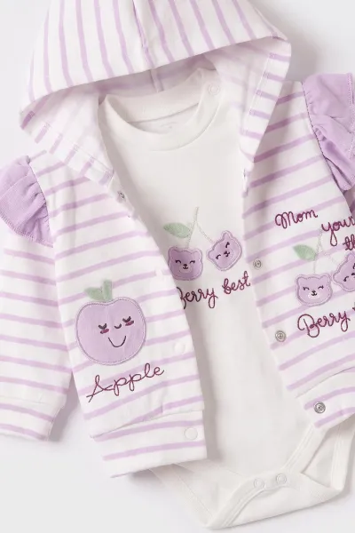 Lila (3-12 Ay) Kiraz Nakışlı Hırkalı Kız Bebek 3'lü Takım 479423
