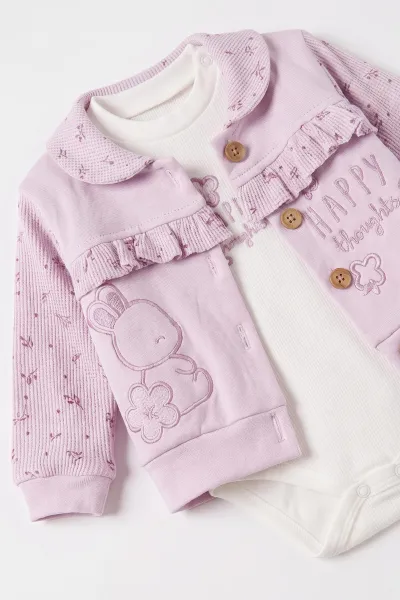 Lila (3-12 Ay) Nakışlı Hırkalı Waffle Kız Bebek 3'lü Takım 479431