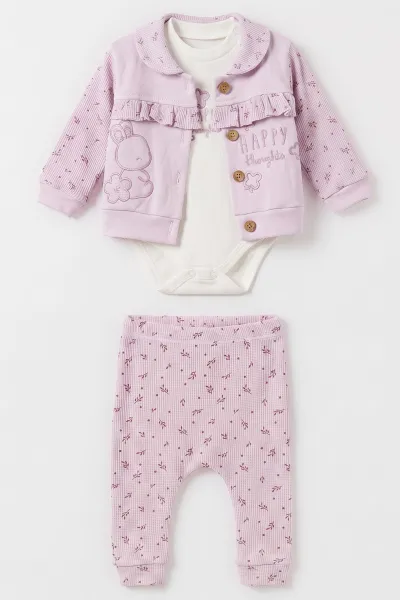 Lila (3-12 Ay) Nakışlı Hırkalı Waffle Kız Bebek 3'lü Takım 479431