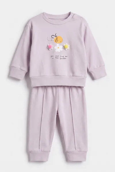 Lila (3-18 Ay) Arılı Çiçek Baskılı Alt Çimalı  Kız Bebek 2'li Takım 477523