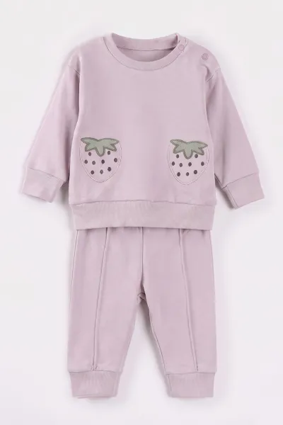 Lila (3-18 Ay) Çilek  Nakışlı  Alt Çimalı  Kız Bebek 2'li Takım 477538