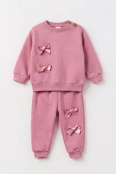 Lila (3-18 Ay) Fiyonk Aksesuarlı 3 İp Şardonlu Kız Bebek Kışlık Takım 496564