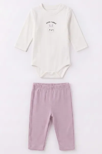 Lila (3-18 Ay) Kapüşonlu Tavşan Baskılı  Hırkalı  Çıtçıtlı Zıbınlı  Kız Bebek 3'lü Takım 487538