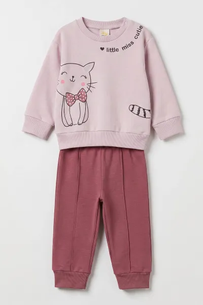 Lila (3-18 Ay) Kedi Baskılı   Alt Çimalı  Kız Bebek 2'li Takım 477557