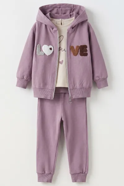 Lila (3-18 Ay) Love Nakışlı 3'lü Kapüşonlu Kız Bebek Takım 475896