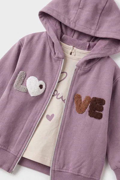 Lila (3-18 Ay) Love Nakışlı 3'lü Kapüşonlu Kız Bebek Takım 475896