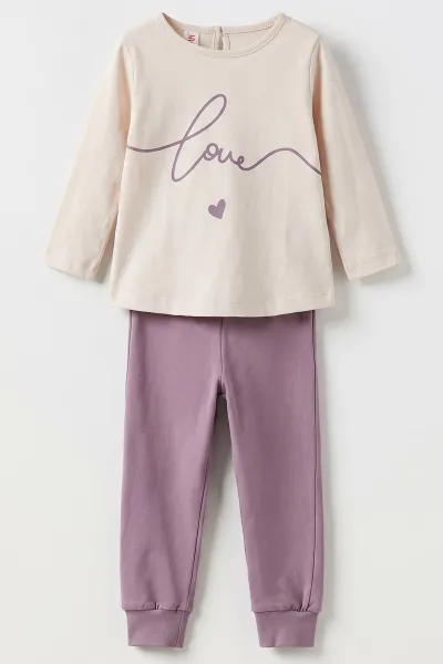 Lila (3-18 Ay) Love Nakışlı 3'lü Kapüşonlu Kız Bebek Takım 475896