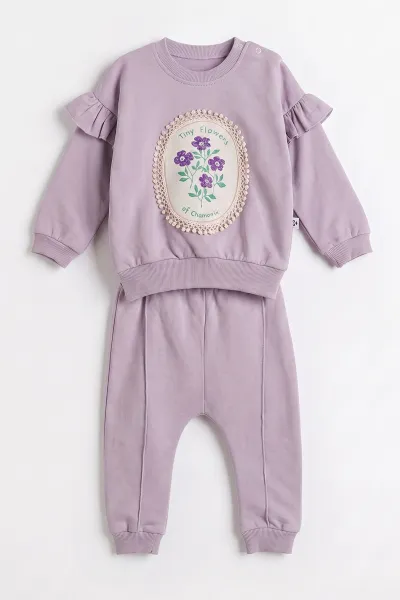 Lila (3-24 Ay) Fistolu Çiçek Baskılı Alt Çimalı Kız Bebek Takım 480576