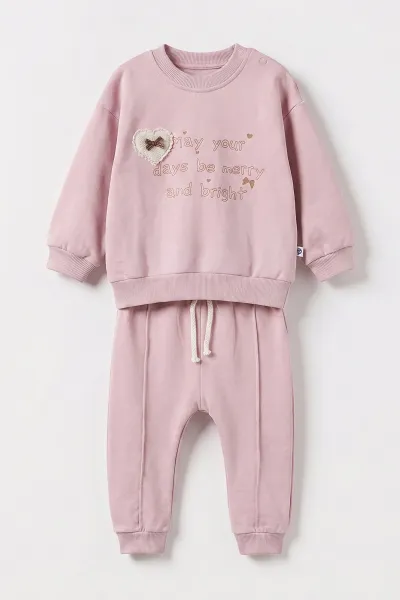 Lila (3-24 Ay) Kalp Nakışlı Alt Çimalı Kız Bebek Takım 480588