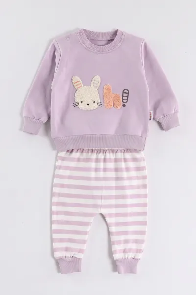 Lila (3-24 Ay) Süzene Tavşan Nakışlı  Kız Bebek 2'li  Takım 473049