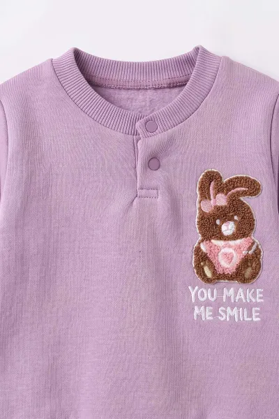Lila (3-24 Ay) Süzene Tavşan Nakışlı Yaka Çıtlı 3 İp Şardonlu Kız Bebek Kışlık Takım 495555
